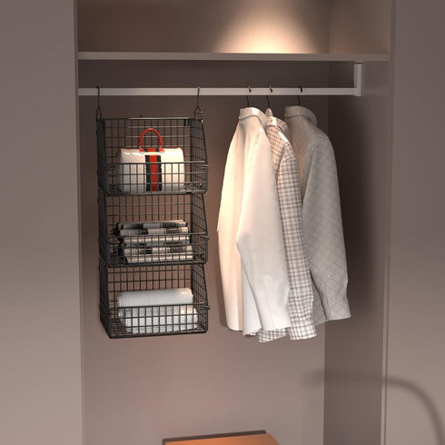 Stackable Wire Storage Baskets for Kitchen, Closet, Pantry, Wall Mount Metal Bins for Clothing, Vegetable & Fruit