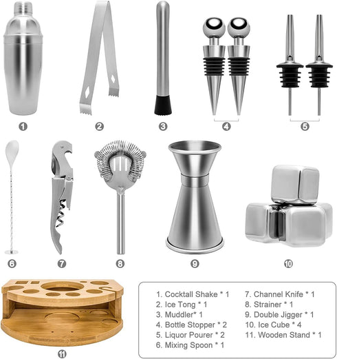 Set, 24oz/750ml Set (25oz-17pcs) Stainless Steel Cocktail Shaker Bartender Kit Includes Strainer and Stir Stick