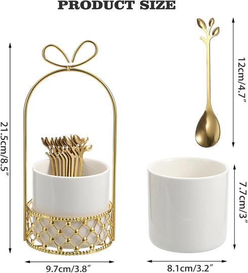 ELLDOO Coffee Spoon Set, White Ceramic Holder with 8 Stainless Steel Gold Leaf Coffee Spoons, Creative Flatware Set for Stirring, Mixing, Sugar, Ice Cream, Cake (8 x Spoons)