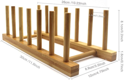 INNERNEED Bamboo Wooden Dish Rack, Vertical Plate & Lid Organizer for Kitchen Cabinet or Countertop, Drying Stand