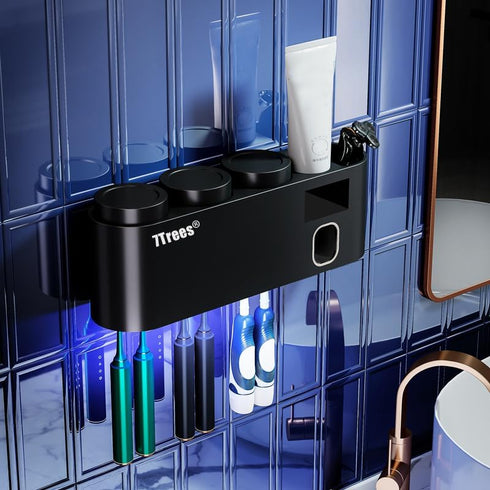 Toothbrush Sanitizer with Self Adhesive Holder, 3 Cups, Automatic Toothpaste Dispenser Set (Black)