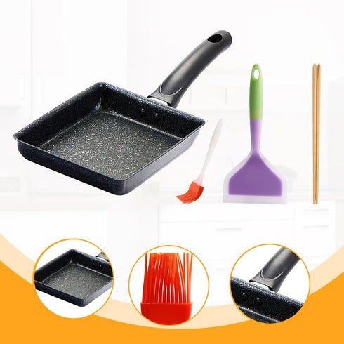 Tamagoyaki Pan Non Stick Japanese Omelette Pan, Cast Iron Rectangle Small Frying Pan with Silicone Brush, Chopsticks &