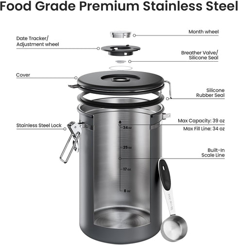 39OZ 2.2lbs Veken Coffee Canister, Large, Airtight Stainless Steel Food Storage Container for Coffee Beans,Ground