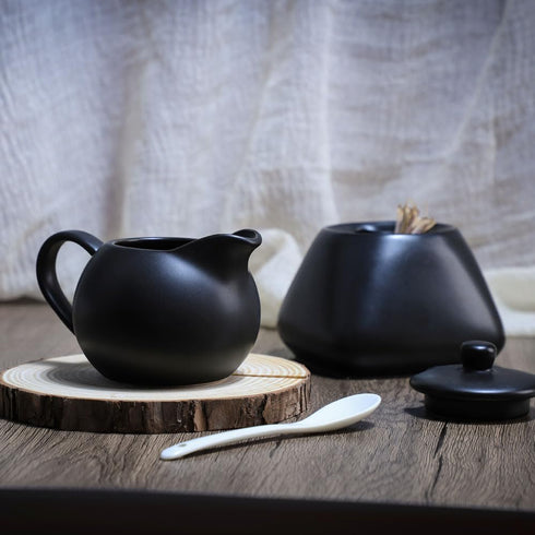 Black Ceramic Coffee Serving Set, Creamer Pitcher and Sugar Bowl, Simple Design