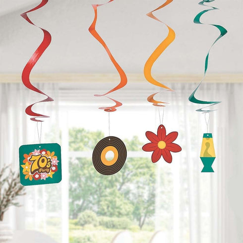 Fun Express 30" 70s Party Hanging Swirl Decorations, 12 Pieces for Fun Retro Party Decor