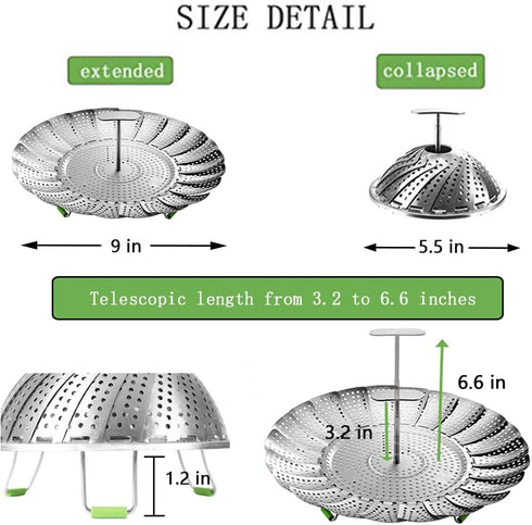 Veggie Steamer Basket, Stainless Steel Folding Vegetable Steamer Insert, Expandable for Various Size Pots (5.5" to 9")