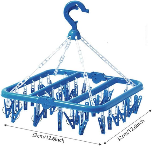 SteelFever Clothes Drying Hanger, Foldable Drying Rack with 32 Clips for Clothes, Underwear, Socks (Blue)