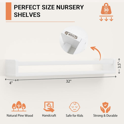 Heimlove 32 inch Set 3 Nursery Floating Shelves, Solid Wood Nursery Book Shelves for Wall, Bookshelf for Kids, Wall