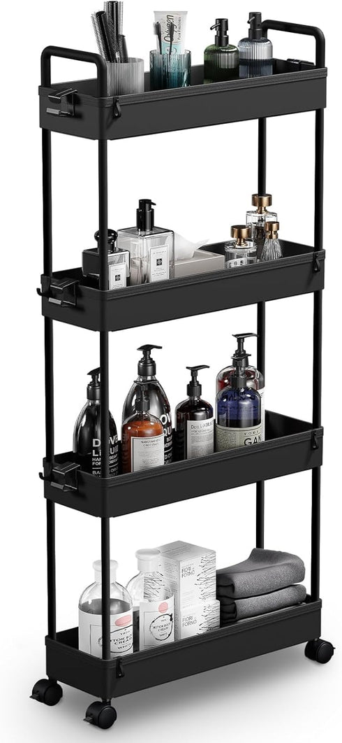 SOLEJAZZ 4 Tier Slim Storage Cart, Mobile Bathroom Organizer, Rolling Utility Cart, Black