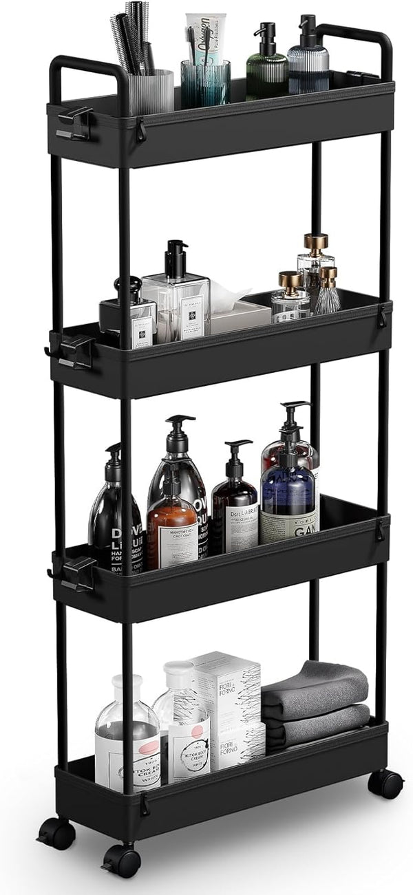 SOLEJAZZ 4 Tier Slim Storage Cart, Mobile Bathroom Organizer, Rolling Utility Cart, Black