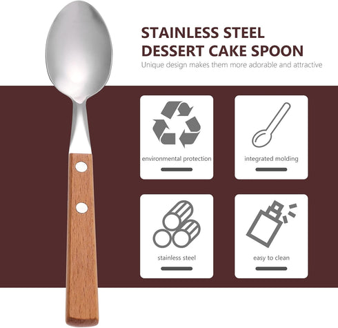 Hemoton 5pcs Stainless Steel Dessert Spoons, Wood Handle Tea Spoons, Ice Cream Cake Tasting Spoon, Dinner Spoon for