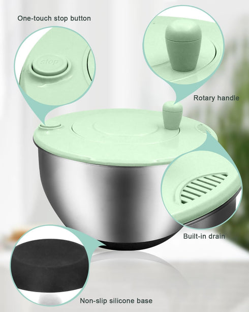 5.3QT 5 Salad Spinner Large,Stainless Steel Lettuce Spinner,Fruit Vegetables Wash Bowl with Blade Slicer,Egg Yolk