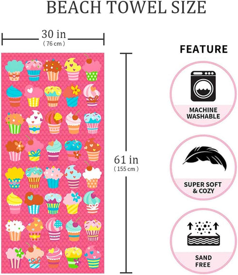 Microfiber Beach Towel Set - Oversized Large Quick Dry Soft Thin Sand Free Cute Ice Cream Design 30×60 inch Beach