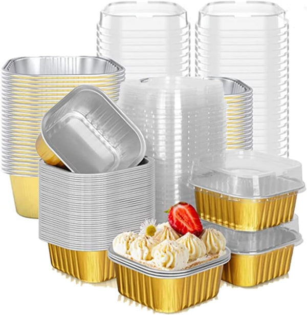 25 pcs Mini Square Baking Cups, 10 oz Aluminum Foil Mini Cake Pans with Lids for Catering
