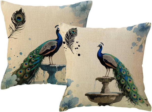 ULOVE LOVE YOURSELF 2-Pack Peacock Throw Pillow Covers - Decorative Square Cotton Linen Cushion Cover 18x18 Inch