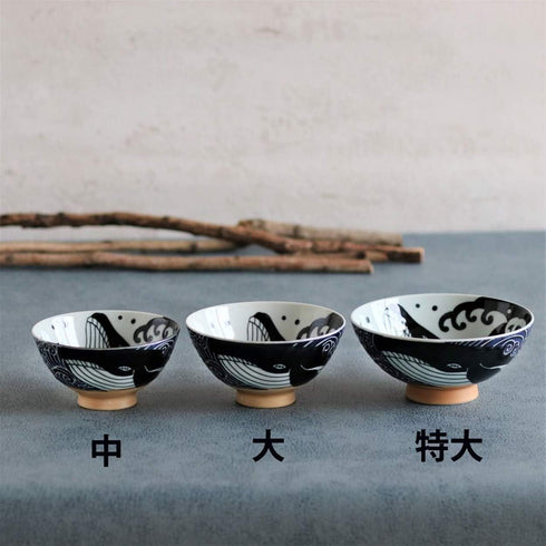 Minoru Touki White Wave Whale Blue Ceramic Rice Bowl, Small Set of 2 f4.4×H2.4in 11.29oz