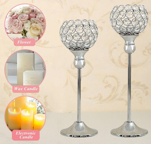 VINCIGANT Silver Crystal Votive Candle Holders, Set of 2 for Table Centerpieces & Tealight Candles