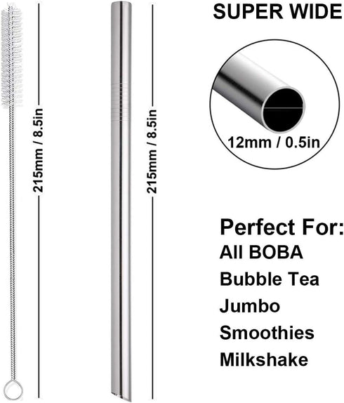 Boba Straws Reusable Metal Smoothies Jumbo Bubble Tea Straws with Silicone Tips Carry Bag (4 Pack)