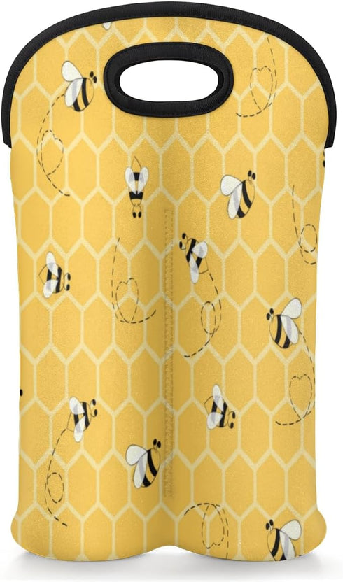 Cute Bees 2 Bottle Wine Carrier Tote Bag, Insulated Neoprene Holder for Picnics, Travel, Great Gift