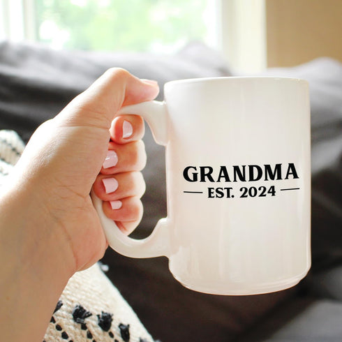 Grandma Est 2024 Coffee Mug Gift for First Time Grandparents, Large 15oz White Ceramic Mug