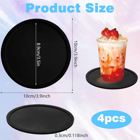 AOZUO 4pcs Silicone Drink Coasters, Non Slip Round Black Table Pads Desk Coasters Anti Stain & Heat Resistant Rubber