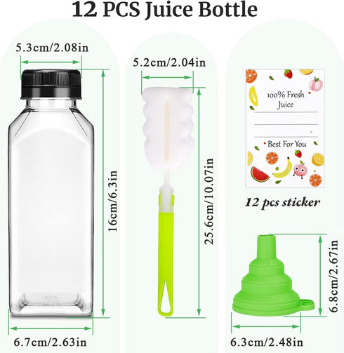 Leaflai 12 Pack -12oz 12 Plastic Juice Bottles with Caps Reusable Juicing Containers with Labels & Silicone Funnels