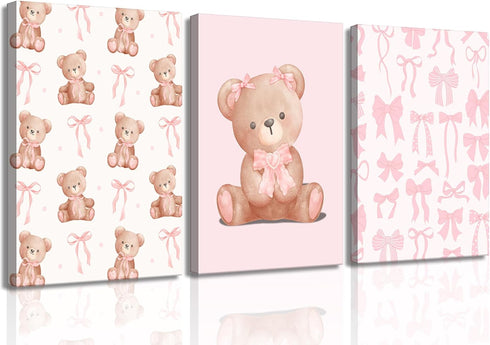 3Pcs Pink Teddy Bear Canvas Wall Art Coquette Bow Wall Decor Pictures