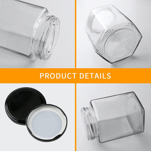 Woaiwo-q 12Pack 12 oz Glass Honey Jars with Lids, Clear Hexagon Jars with Black Lids, Honey Storage Jars + Wooden