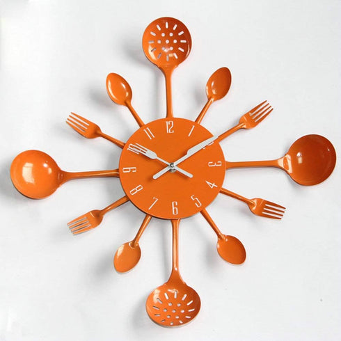 Timelike 16" Metal Kitchen Cutlery Utensil Spoon Fork Wall Clock, Creative Modern Home Decor, Orange