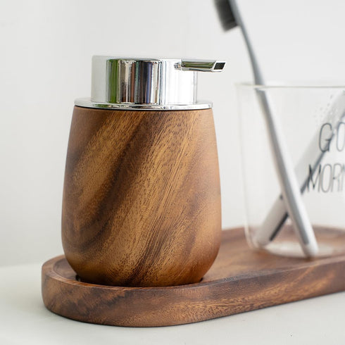 Set 7oz/200ml 6 Countertop Walnut Wood Soap Dispenser with Tray, Foaming Hand Soap Dispenser with Labels, Wooden