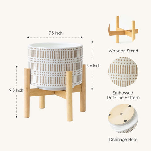 7.3 Inch LA JOLIE MUSE Ceramic Plant Pot with Wood Stand - Modern Round Decorative Flower Pot Indoor with Wood Planter