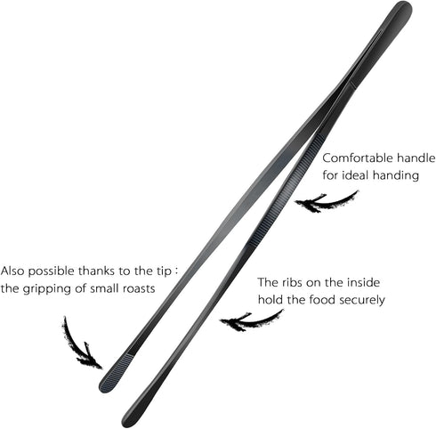 12-Inch Professional Kitchen Tweezers Tongs, Stainless Steel Long Tweezer Tongs, Black Coated for BBQ and Plating