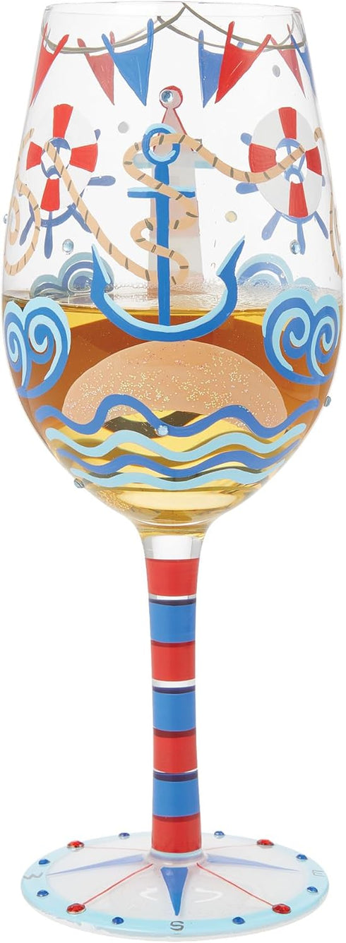 Enesco Lolita Designs Nautical Light House Hand-Painted Artisan Wine Glass, 15 Ounce, Multicolor