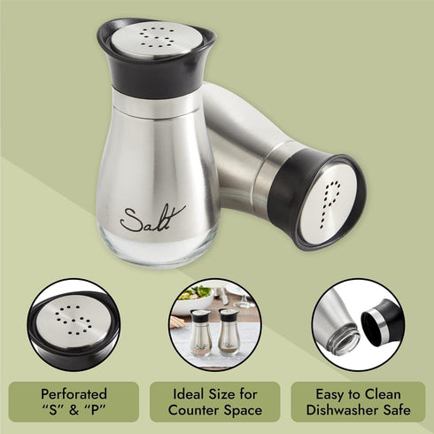 Set Counter (4oz) Stainless Steel Salt and Pepper Shaker with Glass Bottom, Perforated "S" and "P" Caps - Modern