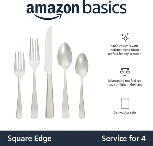 Amazon Basics 20-Piece Stainless Steel Flatware Set with Square Edge, Service for 4