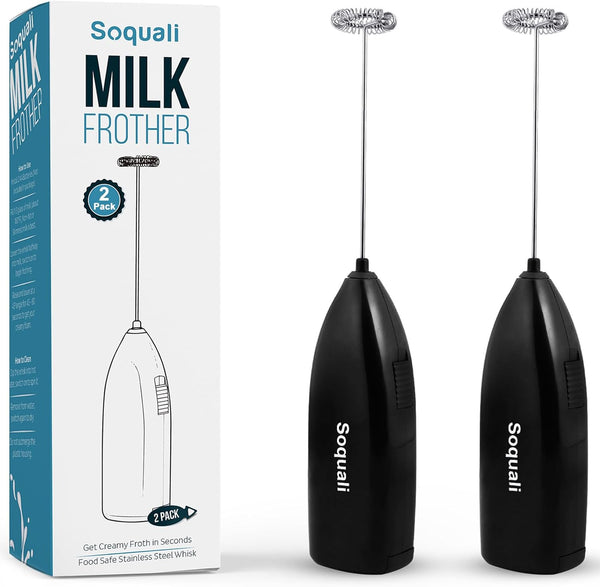 Soquali 2 Pack Milk Frother Handheld Battery Operated - Electric Whisk Coffee Frother