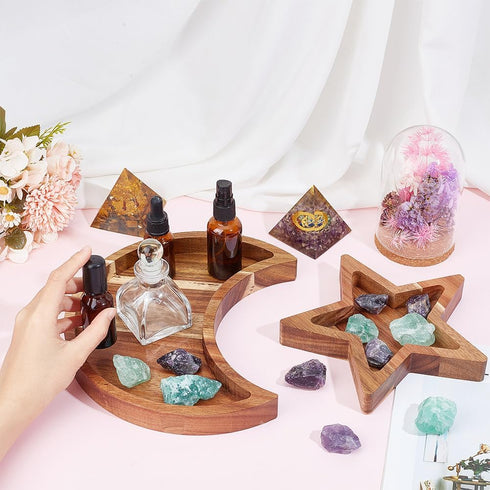 Star and Moon Tray Set, Wooden Crystal Organizer Tray for Healing Crystals and Jewelry Storage