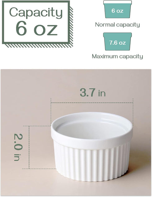 DOWAN 6 oz Ramekins - Oven Safe Ceramic Bowls for Creme Brulee Souffle, Set of 6, Classic White