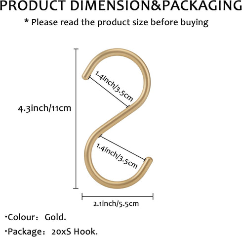 20Pcs Gold S Hooks,Aluminum Alloy S Shaped Universal Hooks,Heavy Duty S Hanger Hooks,Utility S Hooks for Bathroom,Cloakroom,Kitchen Pots Pans Cups by MShengM