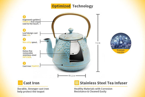 32 (950 ml), TOPTIER Japanese Cast Iron Tea Kettle with Stainless Steel Infuser, Cast Iron Teapot Stovetop Safe, Leaf