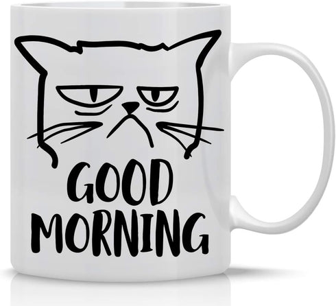 CBTwear Good Morning Funny Grumpy Cat 11oz White Ceramic Coffee Mug - Unique Cat Mom Gift for Any Occasion