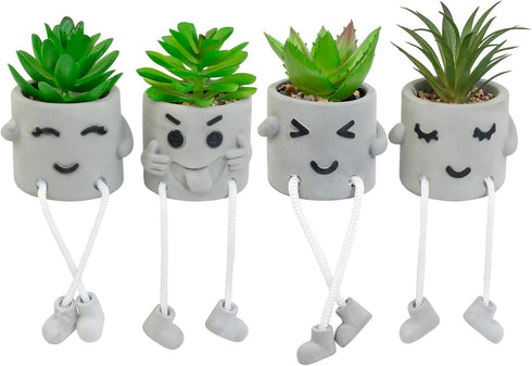 Set of 4 Small Faux Succulents in Cement Pots with Hanging Legs,