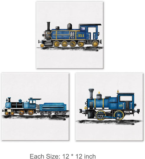Yuzi-n Set 3 12x12 Inch of Blue Steam Train Nursery Vehicle Framed Wall Art Decor Watercolor Steam Locomotive Canvas