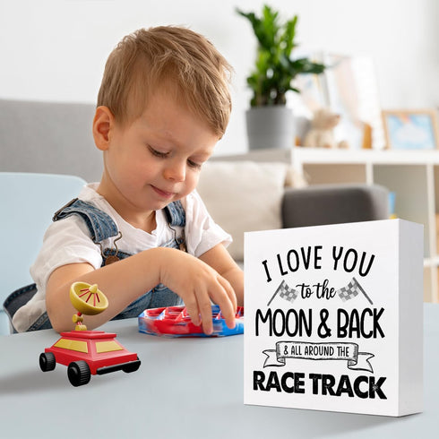 z-crange I Love You To The Moon And Back And All Around The Race Track Wood Box Sign Desk Decor,Farmhouse Racing