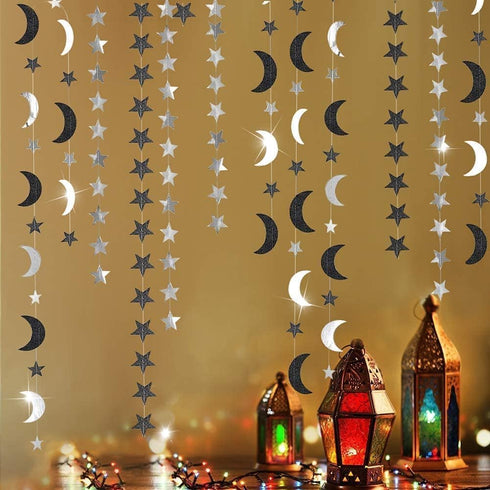 Cheerland Black Silver Moon Decoration - Star and Gothic Summerween Decor Garland for Birthday and Halloween