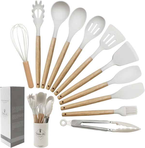Kitchen Utensils Set of 12, Silicone Cooking Utensils with Wooden Handle and Organizer Bucket, Heat Resistant (Cream