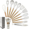 Kitchen Utensils Set of 12, Silicone Cooking Utensils with Wooden Handle and Organizer Bucket, Heat Resistant (Cream