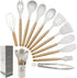 Kitchen Utensils Set of 12, Silicone Cooking Utensils with Wooden Handle and Organizer Bucket, Heat Resistant (Cream