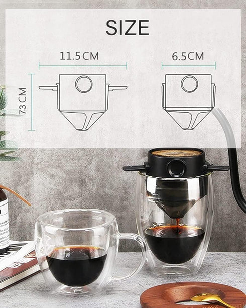 Portable Pour Over Coffee Maker, 1-2 Cup, Stainless Steel Coffee Filter, Reusable Mug Dripper for Home Office Travel