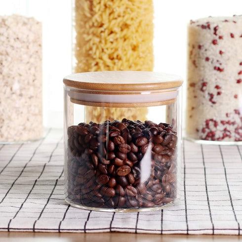 LEAVES AND TREES Y Stackable Kitchen Canisters Set, Pack of 5 Clear Glass Food Storage Jars with Bamboo Lid